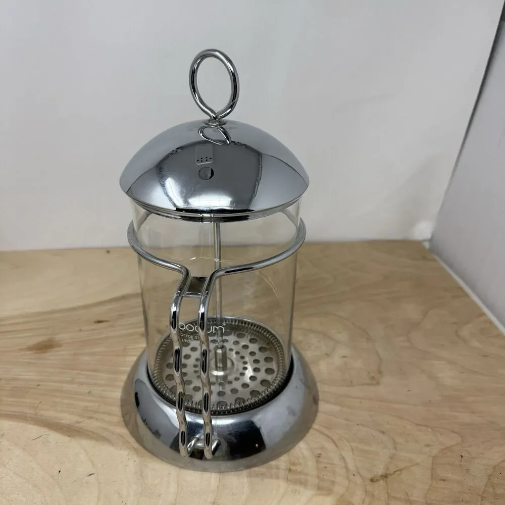 Vtg Bodum Coffee Glass French Press MCM Retro Atomic Chrome Metal Style 12x6.5”
